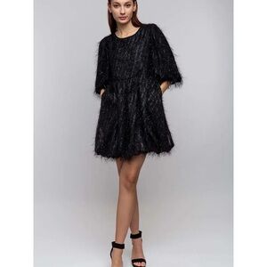 TOV Noir Feathered Frill Bubble Hem And Sleeve Dress Size 38 / 6 Black Mini